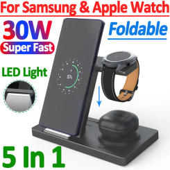 30W 5 in 1 Wireless Charger Stand For IPhone 14 13 12 11 Apple Samsung Watch Airpods IWatch Foldable Fast Charging Dock Station