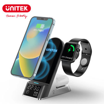Unitek Wireless Charging Station with Alarm Clock Qi Certified Fast Wireless Charger Stand for iPhone 14 13 12 11 iWatch AirPods