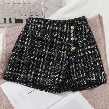 ITOOLIN Women Irregular Tweed Shorts Spring Plaid Buttons Shorts A-line Wide Leg Skirts For Women High Waist Skirts 2022