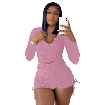 Ribbed Solid Slim Fit Two Piece Set Women Autumn U Neck Long Sleeve Crop Top High Waist Zipper Skinny Shorts Casual Streetwear