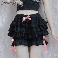 Women Lolita Maid Ruffle Shorts Bloomers Bowknot Lace Trim Pumpkin Shorts Kawaii Safety Pants Cosplay Panties