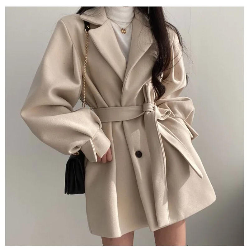 Description Picture 2 of itemMid Length Topcoat Blazer Collar Woolen Coat Women Belted Winter Jacket Niche Vintage Loose Fashion Overcoat Solid Trench Coats
