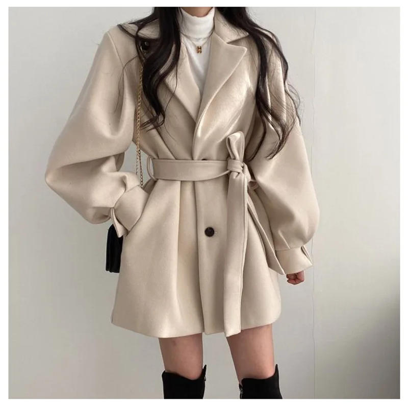 Description Picture 6 of itemMid Length Topcoat Blazer Collar Woolen Coat Women Belted Winter Jacket Niche Vintage Loose Fashion Overcoat Solid Trench Coats