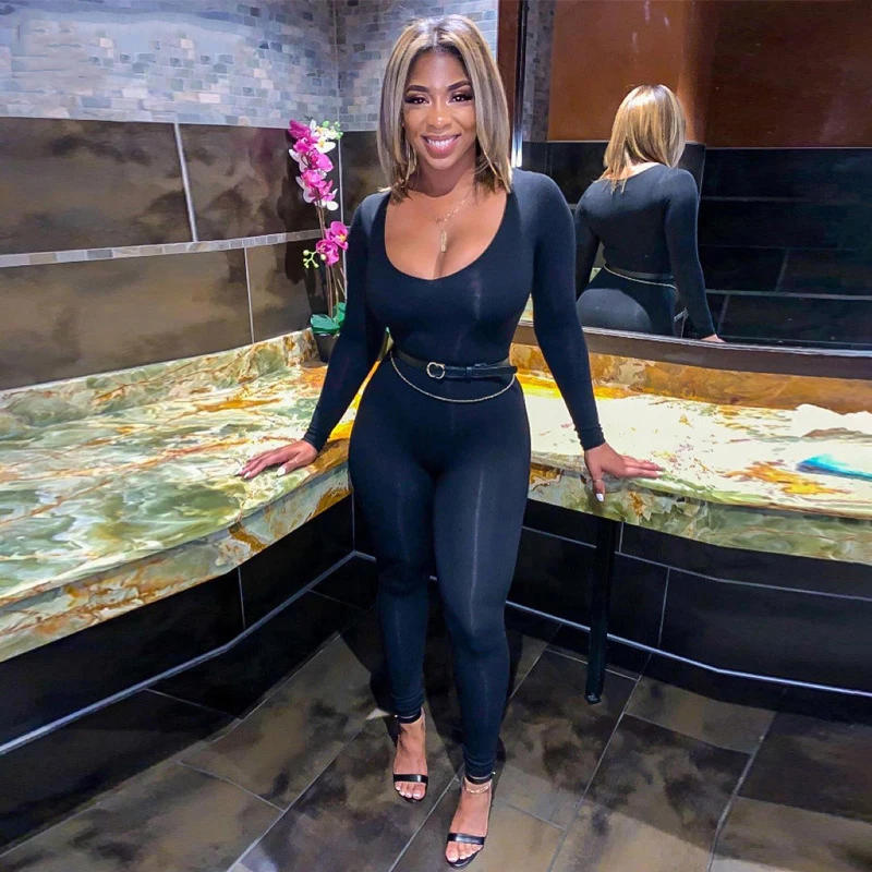 Description Picture 2 of itemDeep Neck Long Sleeve Jumpsuit Skinny Black Stretchy Bodycon Jumpsuits Autumn Winter Women Fashion Streetwear Outfits Romp