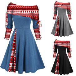 Dresses For Women 2023 Long Sleeve Off Shoulder Solid Color Christmas Print Patchwork Button Dress Women'S Evening Dress