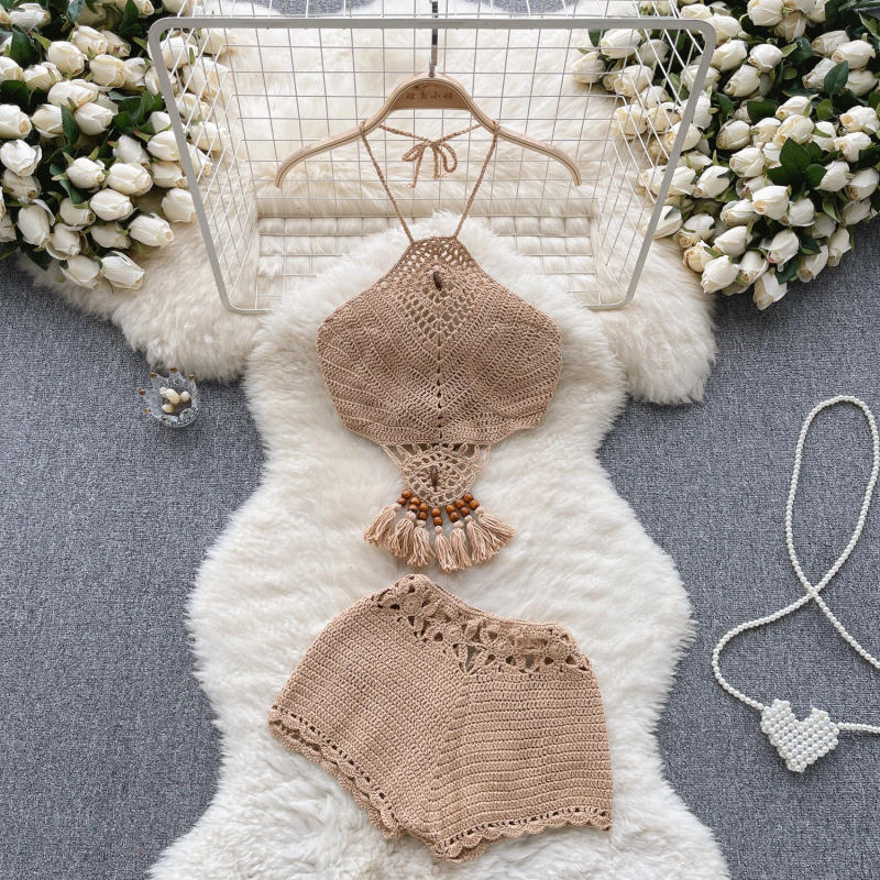 Description Picture 3 of itemSINGREINY Bohemian Knit Two Pieces Suits Women Lace Up Halter Tassel Backless Tops+Hook Flower Hollow Out Shorts Sexy Beach Sets