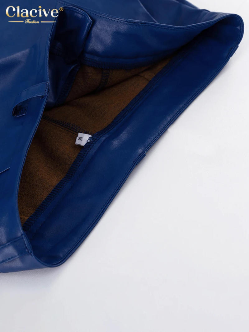 Description Picture 6 of itemClacive Fashion Blue Pu Leather Women'S Pants Elegant Slim High Waist Straight Trousers Streetwear Pantalones Female Clothing