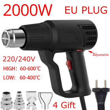 Black Color 220V Heat Gun Professional Hot Air Gun Adjustable Temperature 60-600 ℃ 4 Nozzles for DIY Stripping Paint Shrinking