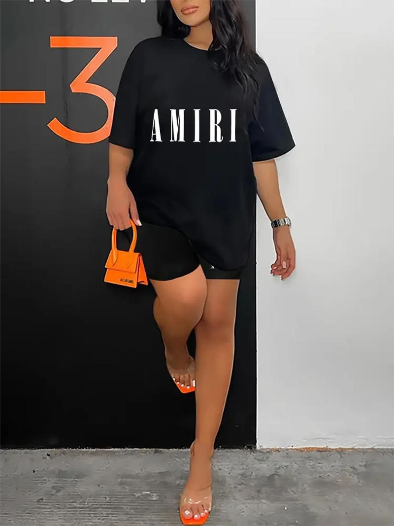 Description Picture 4 of itemPrinted casual two-piece set, round neck short sleeved T-shirt and slim fitting bicycle shorts set, women's clothing