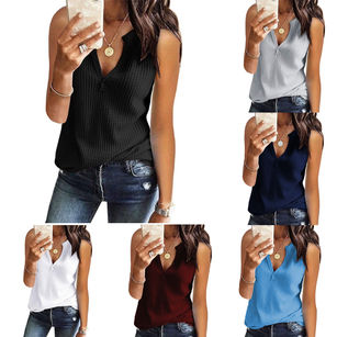 Summer Women Casual Loose Solid Color V Neck Sleeveless Knitted Vest Tank Top