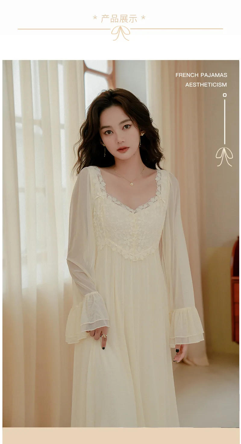 Description Picture 4 of itemSXTHAENOO Fashion Elegant New Apricot Pajamas Nightdress French Spring Autumn Long Mesh Sleepwear NightgownNight Wears For Women