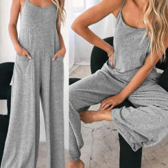 Jumpsuit For Women 2023 Fashion Grey Pocket Design Casual Home Daily Loose Spring Summer Female Wide Leg Jumpsuit