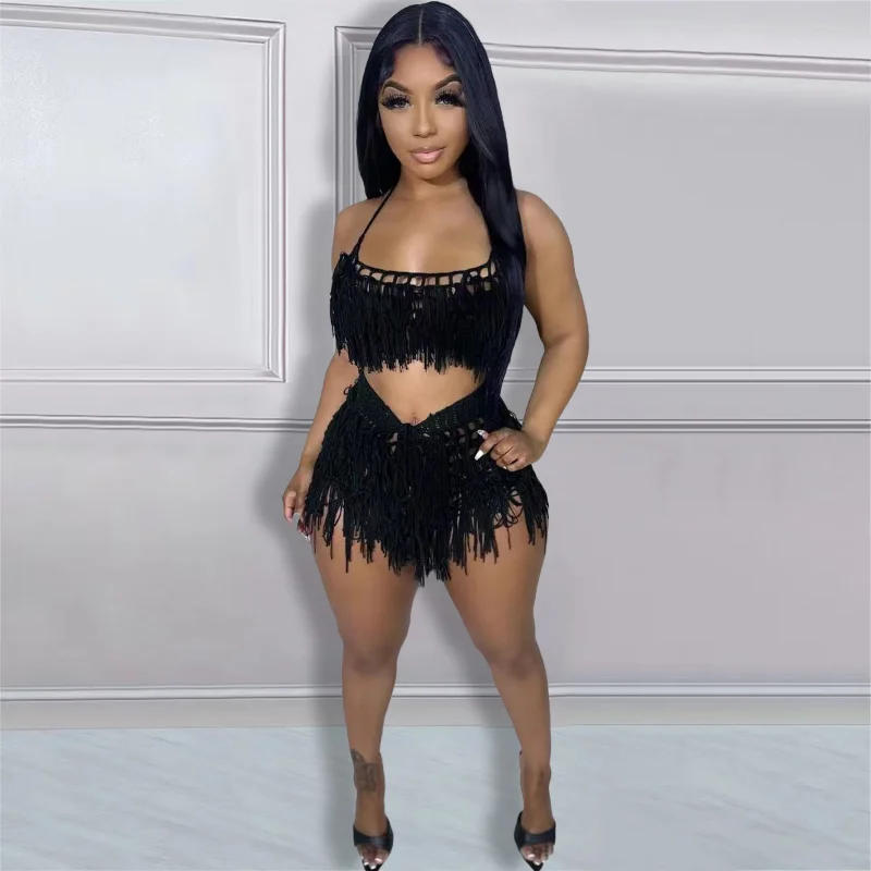 Description Picture 6 of itemANJAMANOR Sexy See Through Knit Crochet Fringed Short Sets Beach Vacation Summer Outfits for Women 2023 Two Piece Set D0-DG25