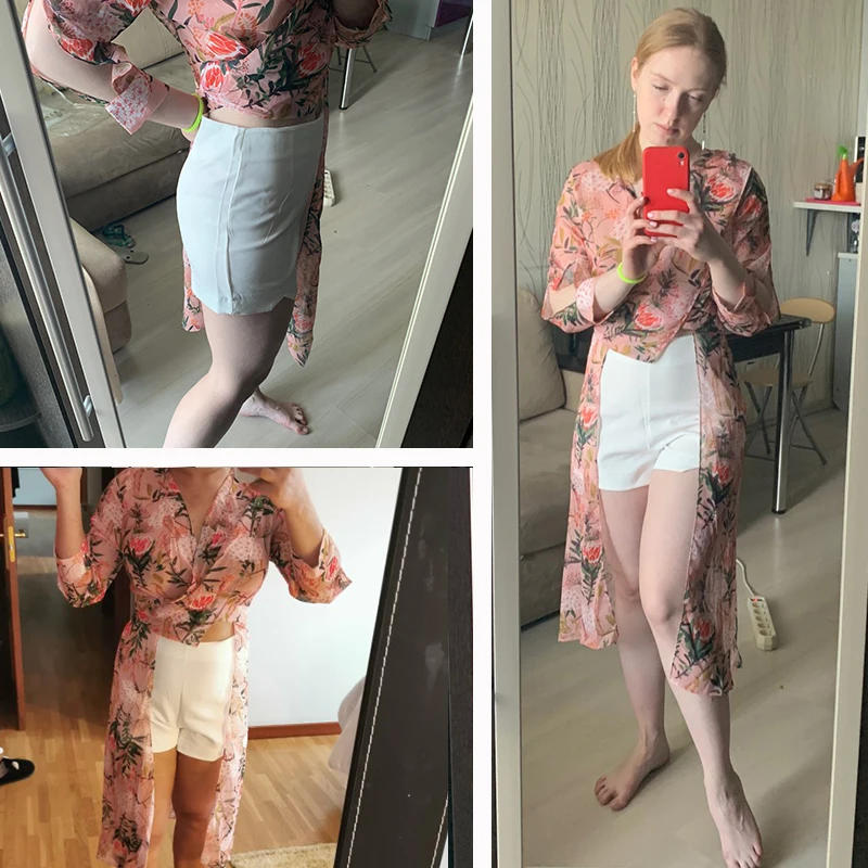 Description Picture 3 of itemLY VAREY LIN 2022 New Autumn Women Casual Two Piece Set Long Sleeve V Neck Asymmetrical Chiffon Shirt White Shorts Ladies Sets