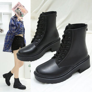 Women Waterproof Causal Thick Heel 8-Eye Lace-up Combat Leather Ankle Boots Shoe