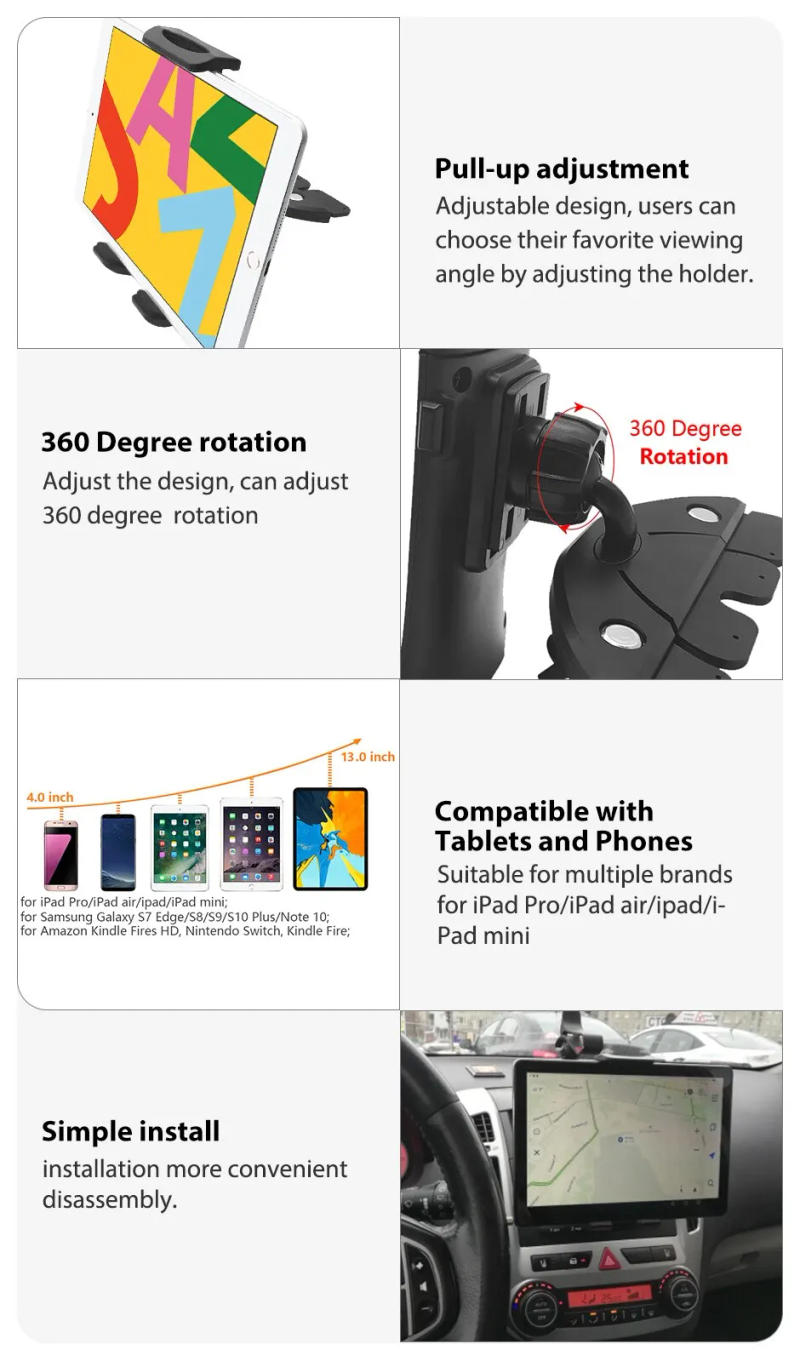 Description Picture 5 of itemXNYOCN Adjustable Car CD Slot Tablet Stand Phone Holder for iPhone 14 13 12 11 iPad Pro Air Mini 4 to 12 Inch Samsung Iconic Brand Pad