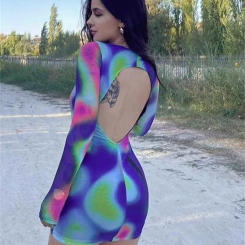 Ckryz-Women Autumn Tie Dye Print New Fashion Long Sleeve O-Neck Backless Sexy Bodycon Mini Dresses Ladies Night Club Streetwear