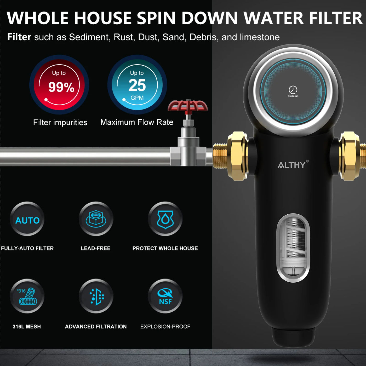Description Picture 2 of itemALTHY Automatic Rotary Backwash Pre filter System Whole House Spin Down Sediment Water Filter Purifier Stainless Steel Mesh