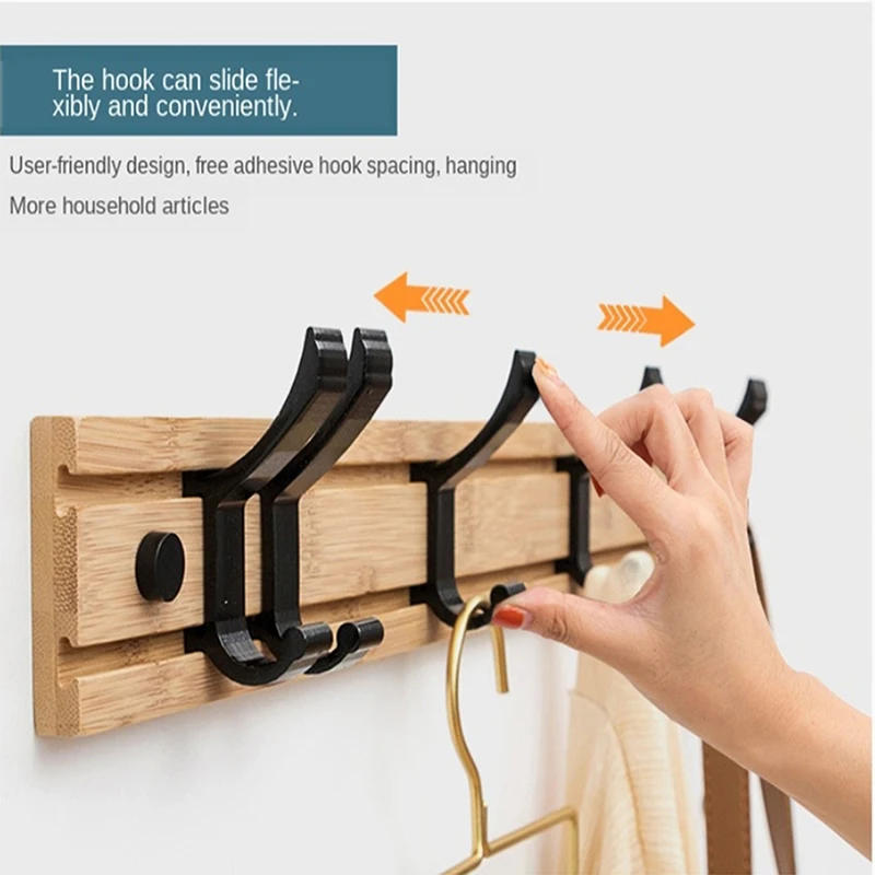 Description Picture 5 of item3/4/5 Hooks Coat Rack Bamboo Room Furniture Closet Moveable Hook Wall Hanging Mounted Hanger for Clothes Key Bag Hats Towels