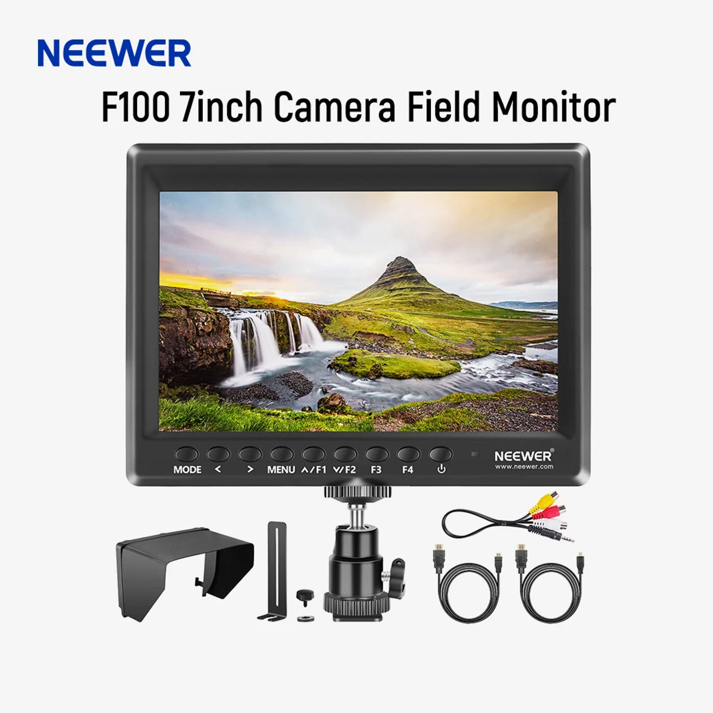 Description Picture 2 of itemNeewer 7inch Camera Field Monitor  F100 HD Video Assist IPS 1280x800 HDMI 1080p with Sunshade and Ball Head for DSLR Cameras