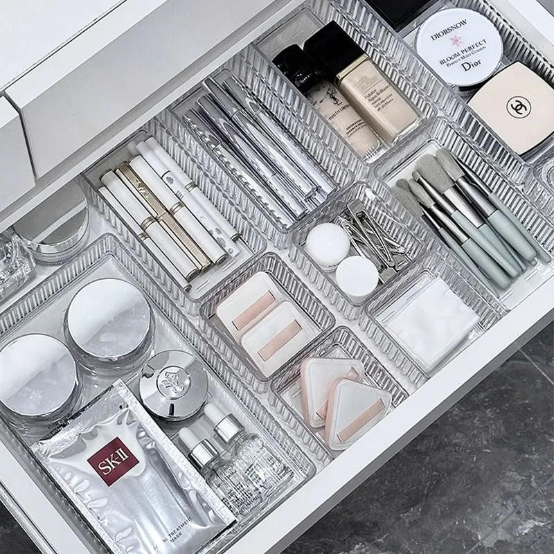 Description Picture 2 of item7PCS Desk Drawer Organizers Set Plastic Bathroom Storage Makeup Organizer Clear Transparent Storage Box Bins Kitchen Gadget