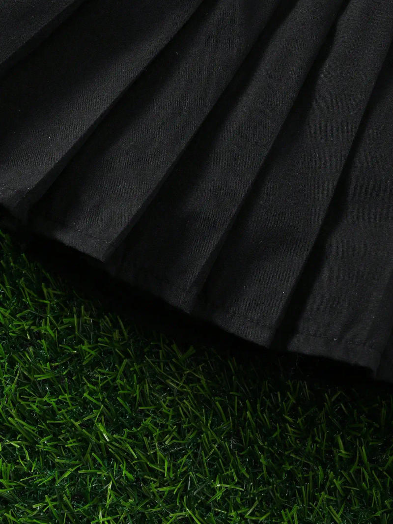 Description Picture 6 of itempcs Baby Girls Summer Preppy Style Letter Lapel Shirt Set, Open Collar Short Sleeve And Pleated Skirt Set