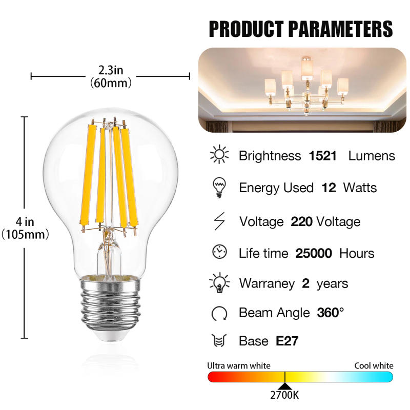 Description Picture 4 of itemGANRILAND A19 E27 Edison Led Filament Light Bulb Dimmable 12W High Lumen 1521lm Vintage 2700K Bulbs For Pendant Decorative Lamp