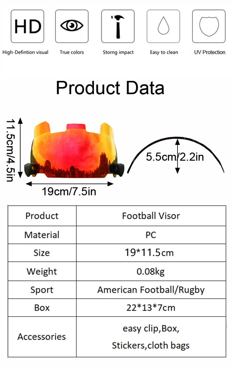 Description Picture 4 of itemFactory Sales Cheap American Football Visors with Clip Clear Anti-Fog Football Helmet Rugby Eye Shield Visor for Adult&Youth