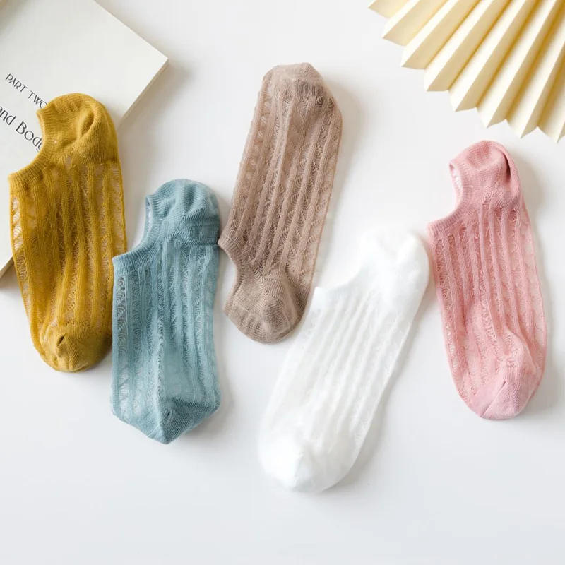 Description Picture 4 of item5 Pairs Summer Women Mesh invisible Socks Solid Breathable non-slip Low Cut Socks Thin Female Slipper No show Socks