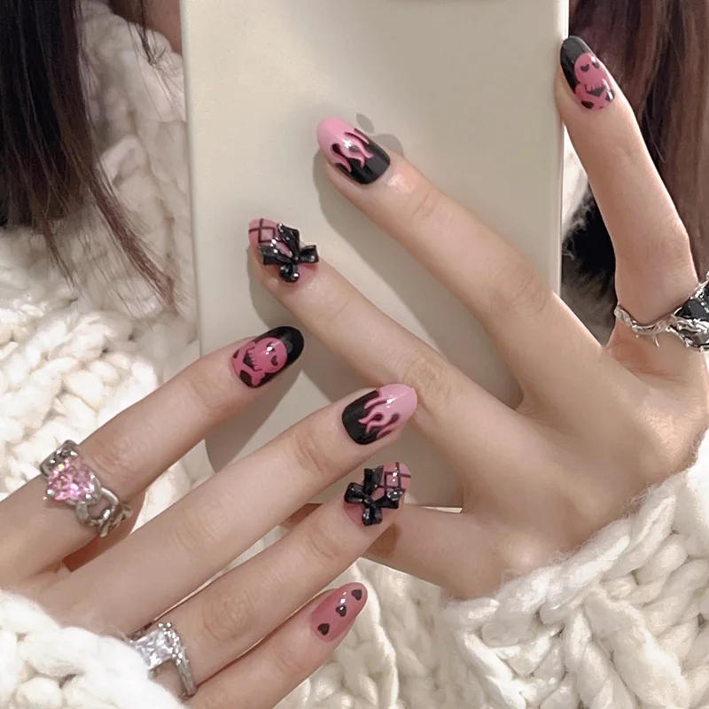 Description Picture 6 of item24Ps Black Pink with Wearable False Nail Art Bow Design Removable Press Nail Tips Faux Acrylic False Nails Finished Product