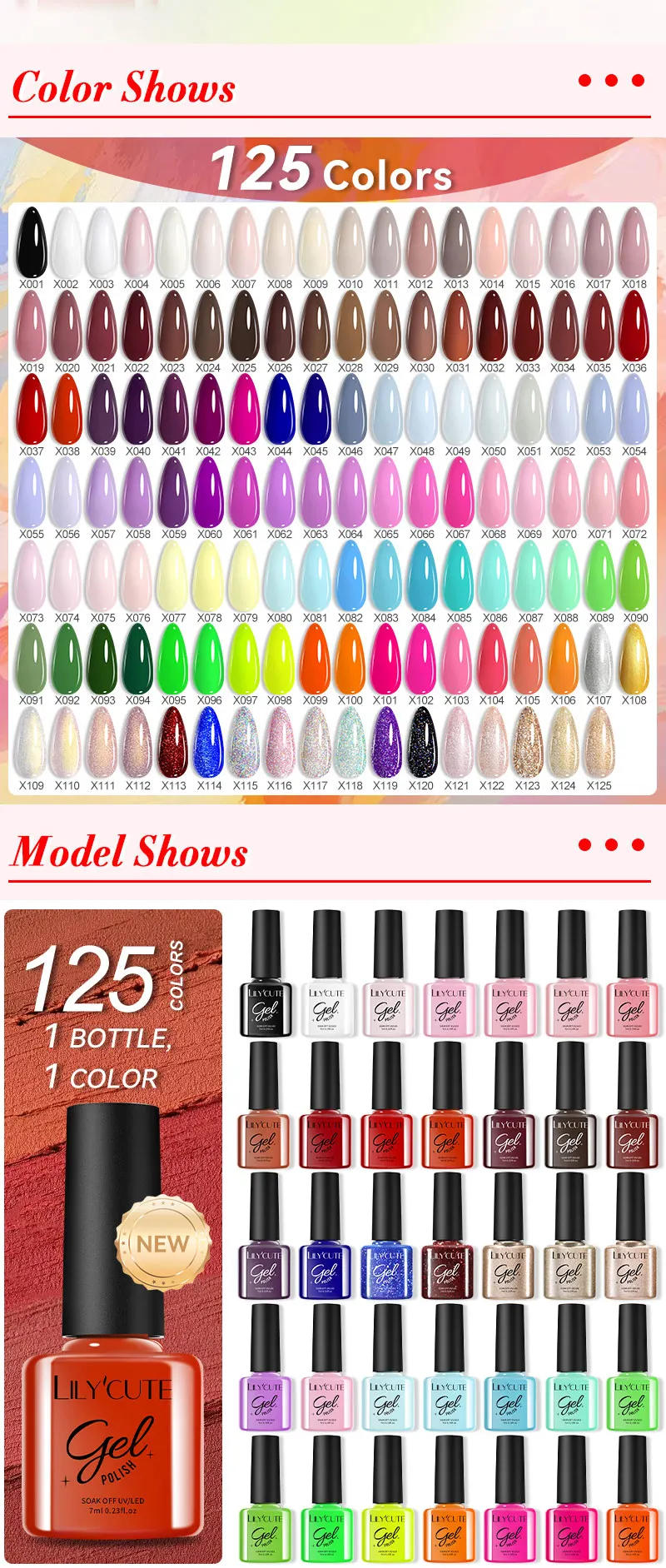 Description Picture 3 of itemLILYCUTE 7ml Sparkling Glitter Sequins Gel Nail Polish 125 Colors Shining Colorful Long Lasting Manicure Nail Art UV Gel Varnish