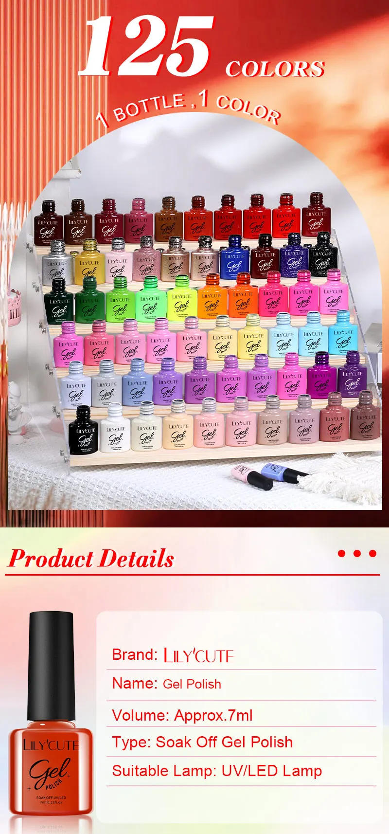 Description Picture 2 of itemLILYCUTE 7ml Sparkling Glitter Sequins Gel Nail Polish 125 Colors Shining Colorful Long Lasting Manicure Nail Art UV Gel Varnish