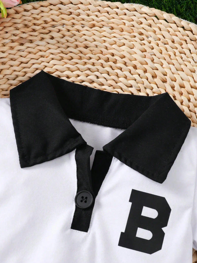 Description Picture 4 of itempcs Baby Girls Summer Preppy Style Letter Lapel Shirt Set, Open Collar Short Sleeve And Pleated Skirt Set