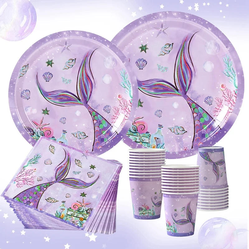 Description Picture 5 of itemThe Little Mermaid Disposable Tableware Birthday Party Decor Kids Mermaid Tail Theme Mermaid Party Birthday Baby Shower Supplies