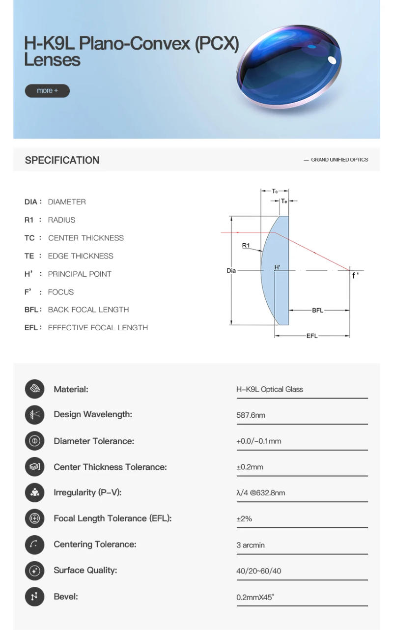 Description Picture 2 of itemDiameter 25mm K9 Plano Convex Lenses With VIS NIR SWIR Coated FL80mm 100mm 125mm