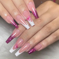 24pcs Long Ballet False Nails Pink Butterfly Press on Nails Full Coverage Waterproof Reusable Fake Nail with Accessories