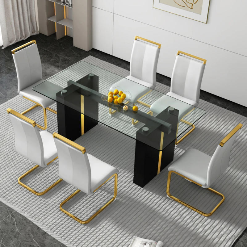 Description Picture 3 of itemectangular glass table, which can accommodate 6-8 people, equipped with 0.39-inch tempered glass table top and large MDF table