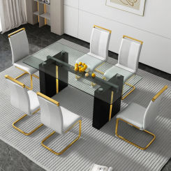 ectangular glass table, which can accommodate 6-8 people, equipped with 0.39-inch tempered glass table top and large MDF table