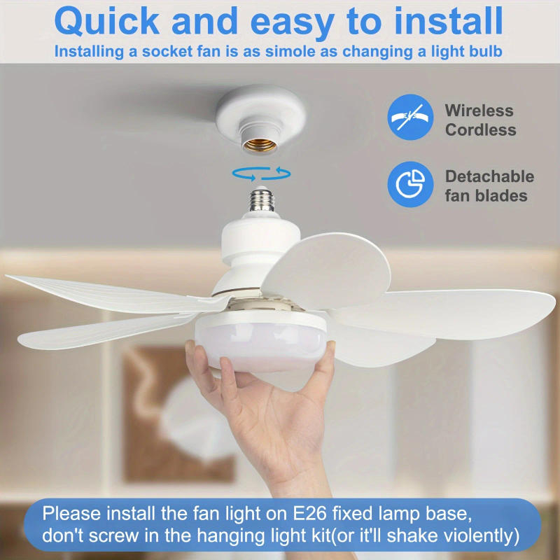 Description Picture 6 of itemSocket Fan Light with Remote, 20.5in Small Ceiling Fan with LED, E26/27 Cordless Light Screw Fan for Kitchen Bedroom, Small Room