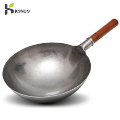 Konco Hand Hammered Wok,Chinese Traditional Iron Wok No Coating Wooden Handle Non-stick Pan Kitchen Cookware