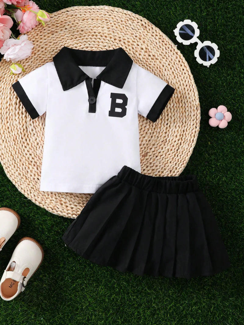Description Picture 2 of itempcs Baby Girls Summer Preppy Style Letter Lapel Shirt Set, Open Collar Short Sleeve And Pleated Skirt Set