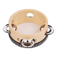 4 Inch Wooden Hand Tambourine with Metal Single Row Jingles Sheepskin Drum Skin Tambourine Drum Entertainment Musical Timbrel