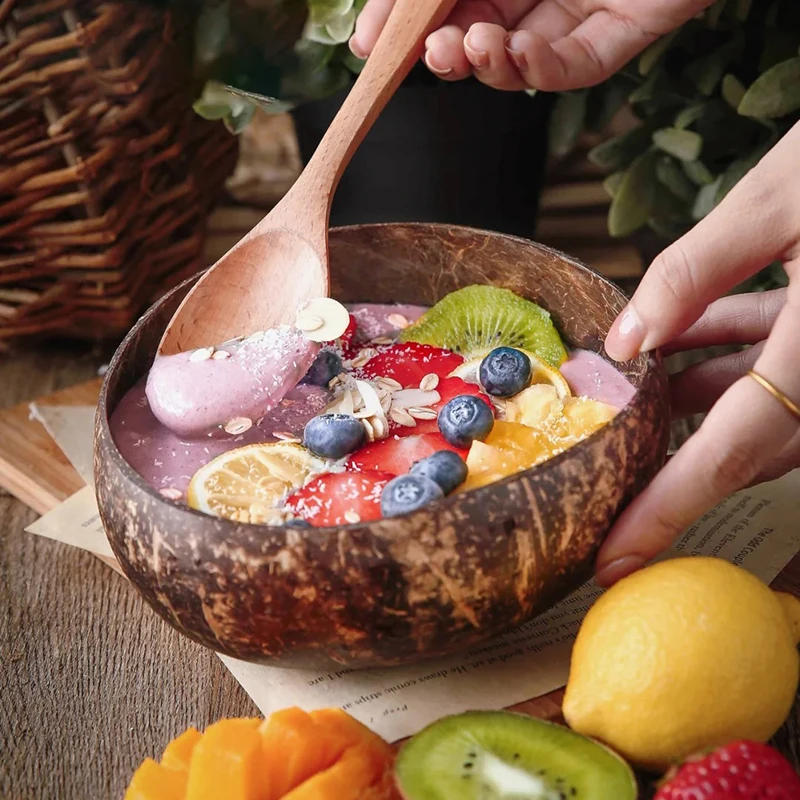 Description Picture 3 of itemWomen 12-15cm Natural Coconut Bowl Dinner Set Handmade Wooden Tableware Wood Spoon Dessert Fruit Salad Mixing Rice Ramen Bowl