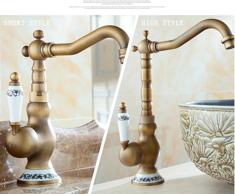 Description Picture 4 of itemAntique Brass Ceramic Handle Basin Faucet Antique Rotatble Bathroom Faucet Kitchen Faucet Hot Cold Mixer Crane Kitchen Faucet