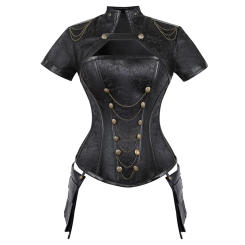 Steampunk Corset Gothic Steel Boned Flora Punk Bustiers Women Cut Out Chains Buttons Corselet Short Sleeve Bustier Tops