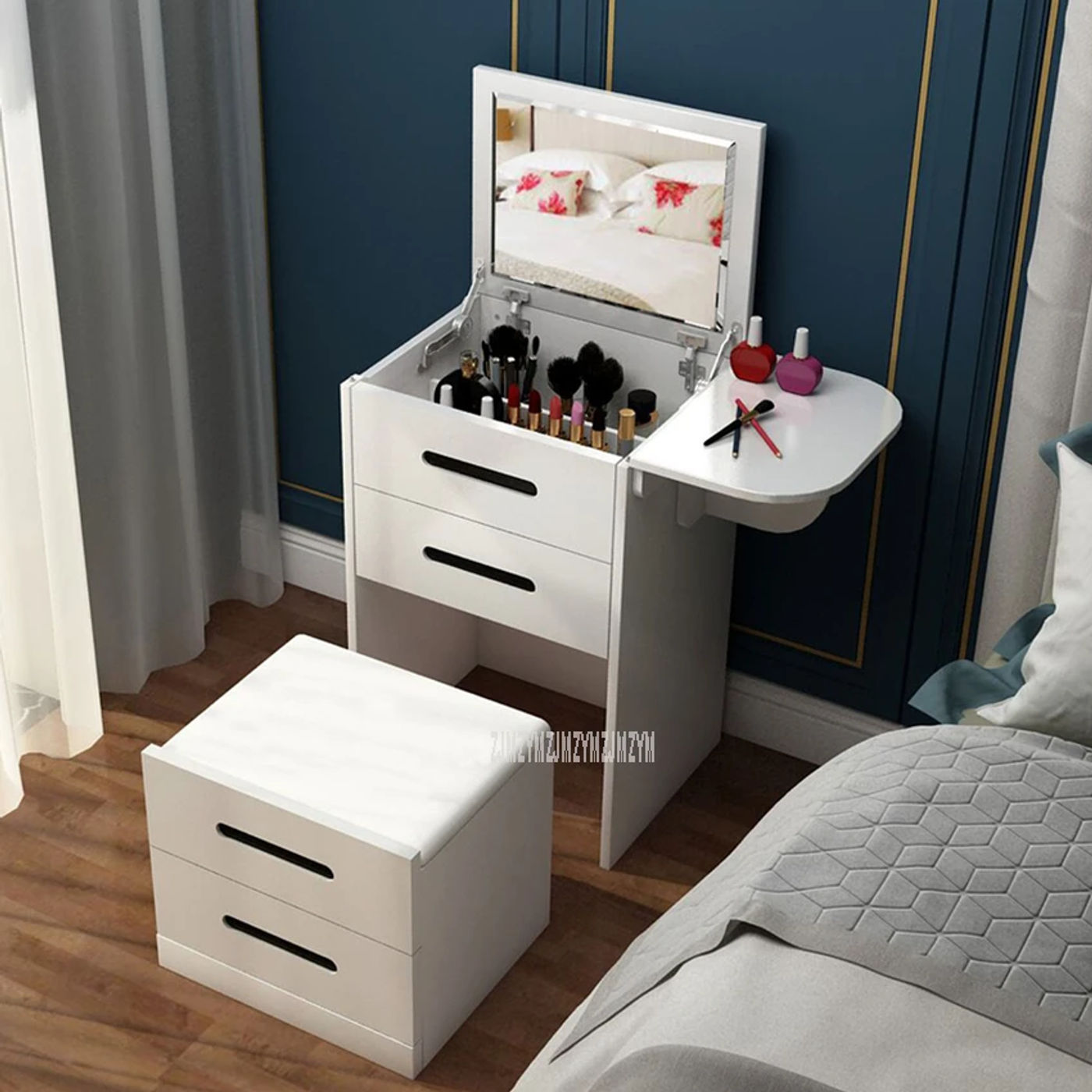 Description Picture 6 of itemModern Mini Dressing Table With Drawer Flip Mirror Multi-functional Home Bedroom Makeup Dresser Table Home Family Furniture