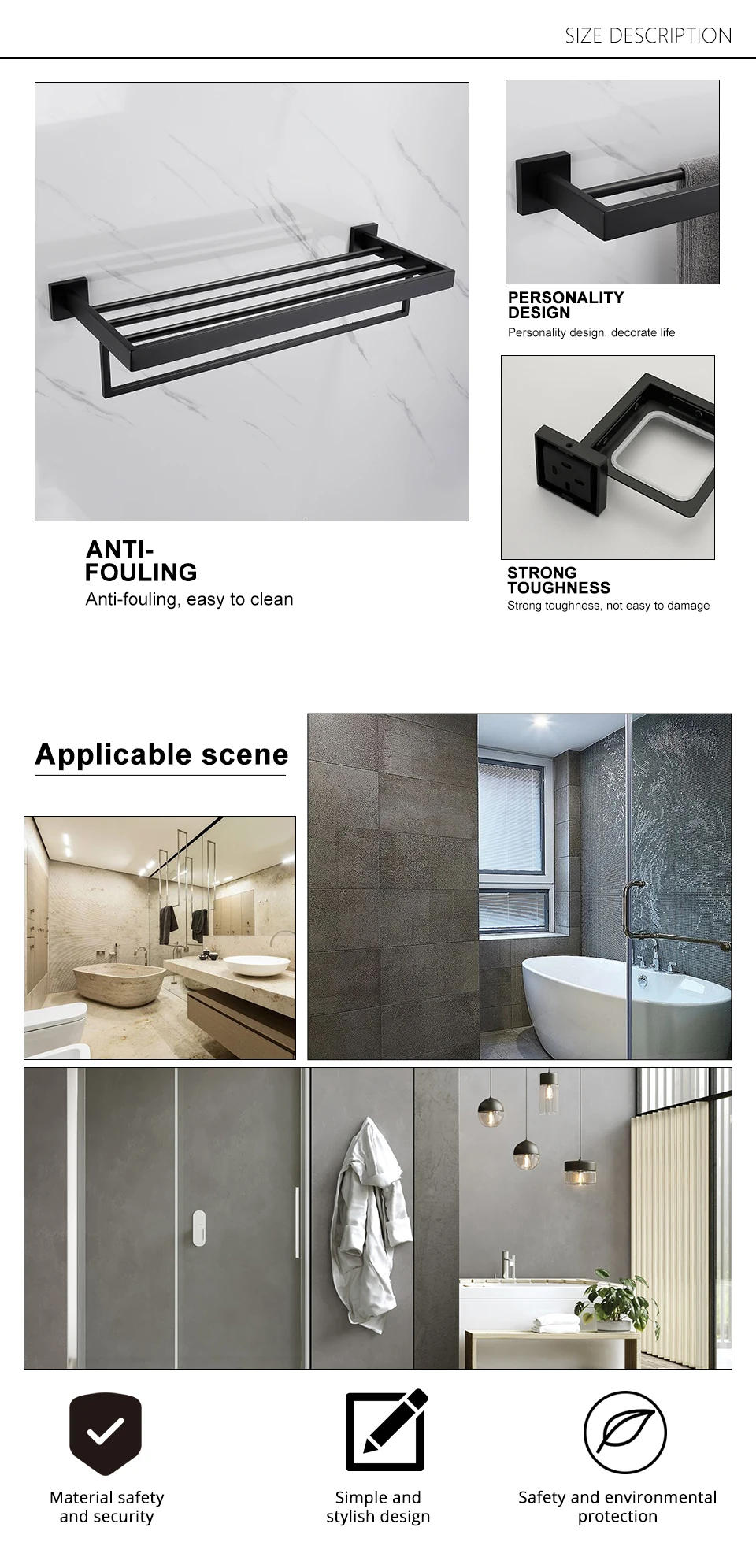 Description Picture 5 of itemBlack Bath Hardware Set Wall-mounted Stainless Steel Clothes hook Toilet Paper Holder Towel Bar Kitchen Bathroom Accessories