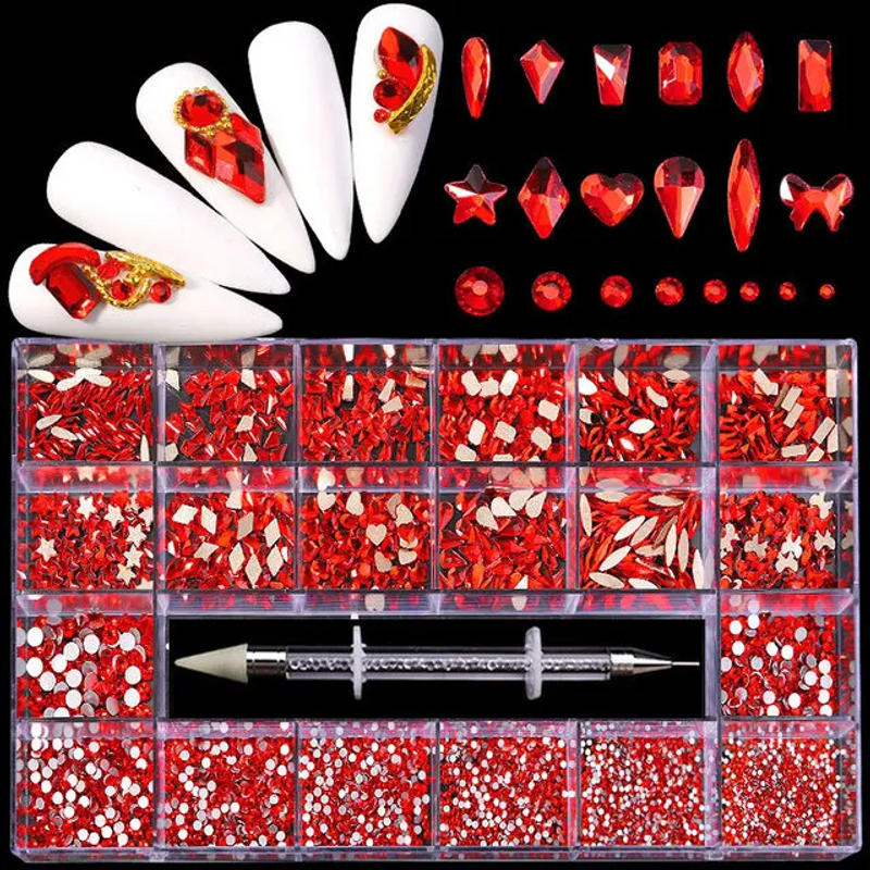 Description Picture 4 of itemLuxury Shiny Diamond Nail Art Rhinestones Kit Glass Crystal Decorations Set 1pcs Pick Up Pen In Grids Box 21 Shapes of 2500pcs