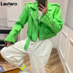 Lautaro-Short Green Gecko Biker Leather Jacket for Women, Long Sleeve, Zipper Belt, Colored Stylish Outerwear, Y2K Fashion, 2024