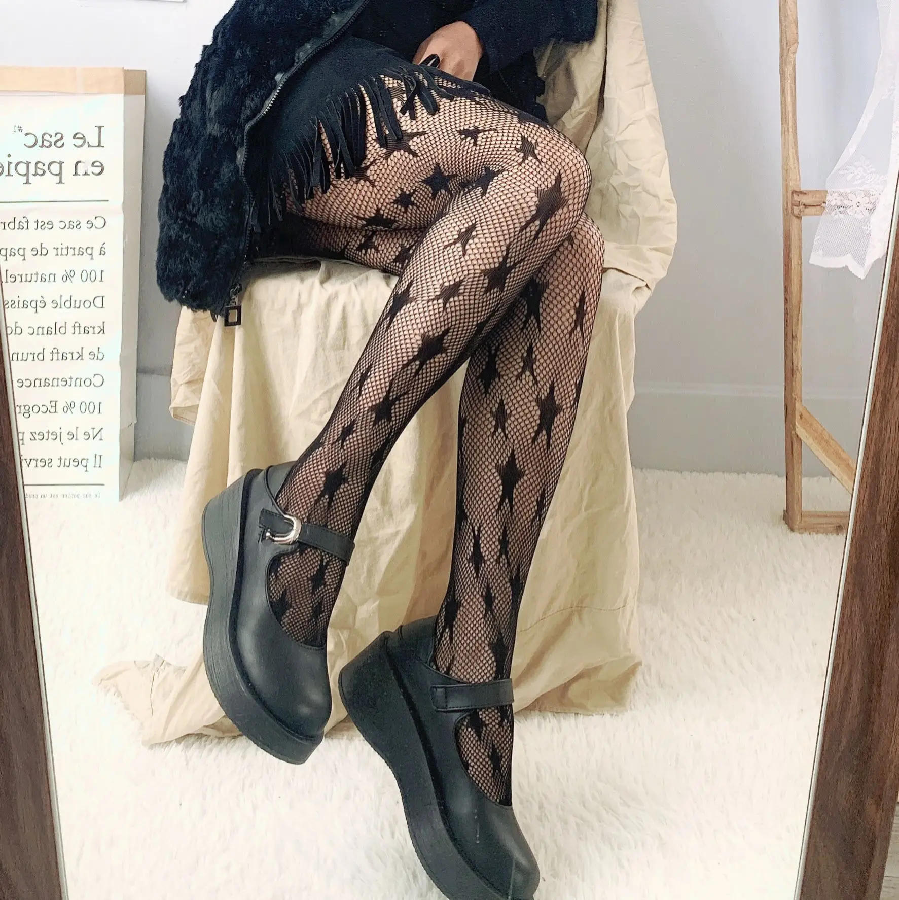 Description Picture 2 of itemLolita Dark Black Pantyhose Star Mesh Stockings Female Fishnet Stockings JK Girls Socks Mesh Tights Lingerie Thigh High JK Socks